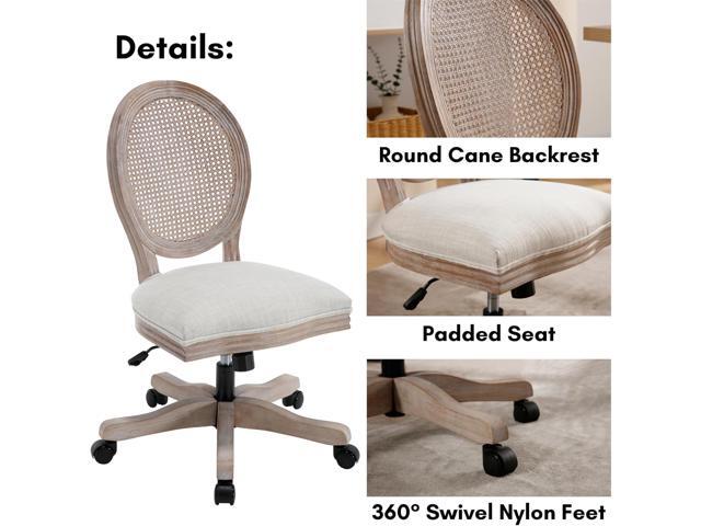 LukeAlon Rattan Back Linen Office Chair, Adjustable Height Swivel Task Chair with Wood Frame Armless Desk Chair with Wheels Upholstered Round Back...