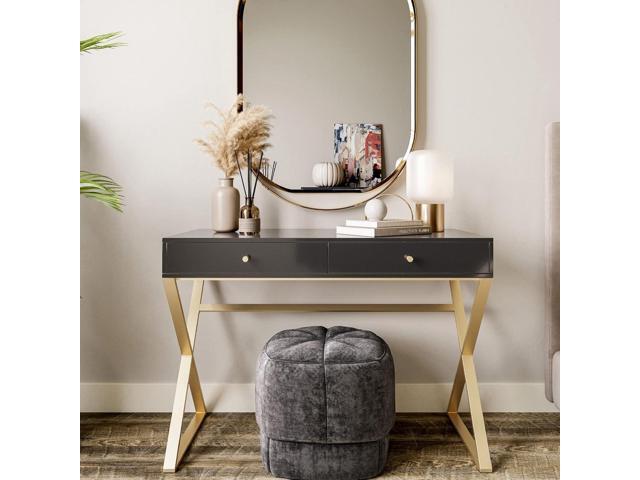 BELLEZE Modern 42 Inch Makeup Vanity Dressing Table or Home Office Computer Laptop Writing Desk with Two Storage Drawers, Wood Top, and Gold Metal...