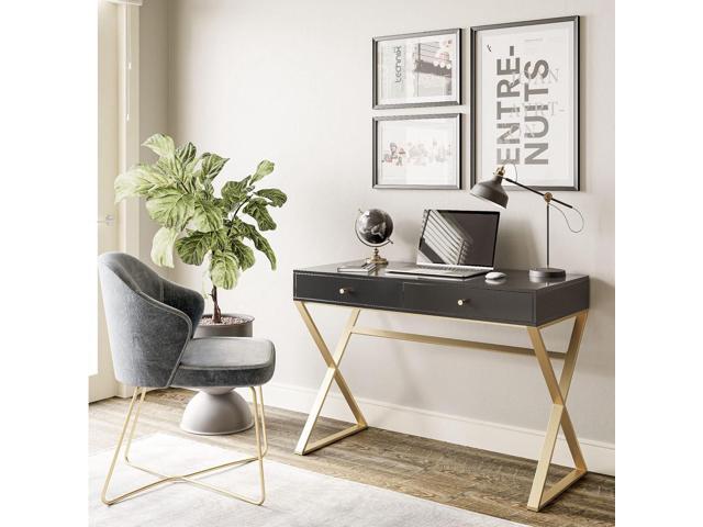 BELLEZE Modern 42 Inch Makeup Vanity Dressing Table or Home Office Computer Laptop Writing Desk with Two Storage Drawers, Wood Top, and Gold Metal...