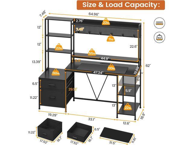Gaming Desk with Hutch, 65in Reversible Computer Desk with Power Outlets LED Light, Home Office Desk with Monitor Stand 2 Drawers 4 Storage Shelves...