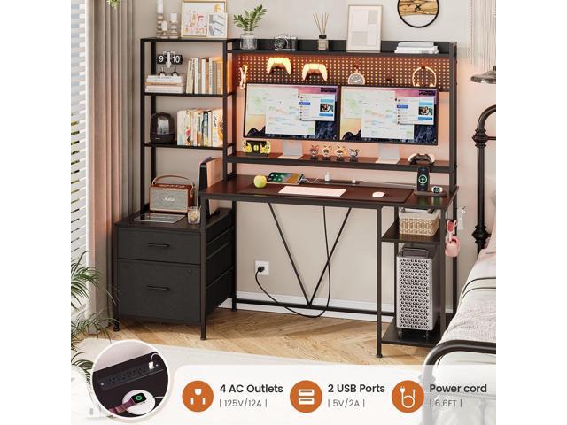 Gaming Desk with Hutch, 65in Reversible Computer Desk with Power Outlets LED Light, Home Office Desk with Monitor Stand 2 Drawers 4 Storage Shelves...