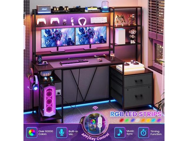 Gaming Desk with Hutch, 65in Reversible Computer Desk with Power Outlets LED Light, Home Office Desk with Monitor Stand 2 Drawers 4 Storage Shelves...