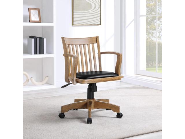OSP Home Furnishings Deluxe Wood Banker's Desk Chair with Padded Seat, Adjustable Height and Locking Tilt, Fruitwood Finish and Black Vinyl