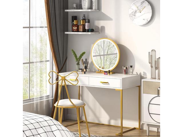 Tribesigns Computer Desk with 2 Drawers, 39.4 Modern Simple White and Gold Writing Desk Desk with Storage Drawers, Makeup Vanity Console Table...