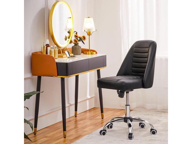 Yaheetech Mid Back PU Leather Armless Desk Office Chair, Modern Vanity Chair with Rolling Wheels, Metal Base Black
