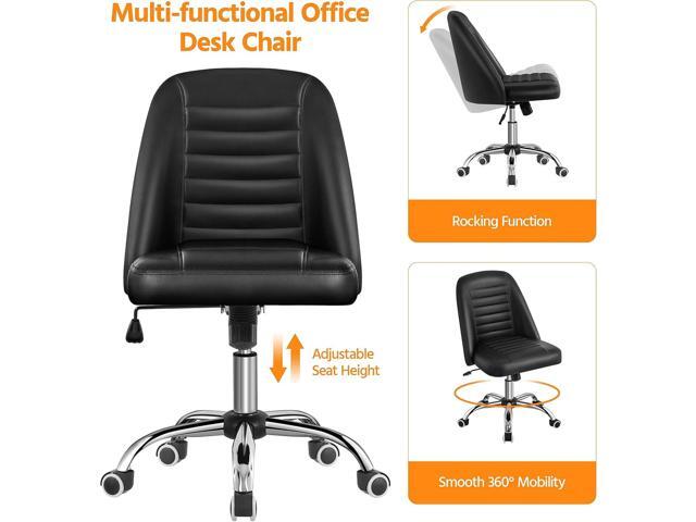 Yaheetech Mid Back PU Leather Armless Desk Office Chair, Modern Vanity Chair with Rolling Wheels, Metal Base Black