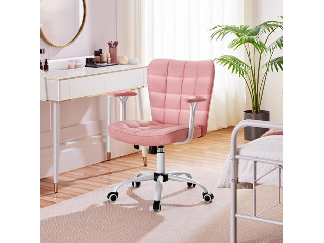 Yaheetech Mid Back Faux Leather Office Chair Modern Adjustable Tilting Vanity Chair with Detachable Padded Armrests for Home/Office,Pink