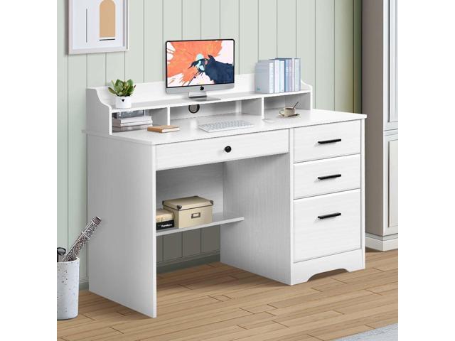 White Desk with 4 Drawers, Computer Desk with Drawers and Hutch & Shelf, Wood Writing Home Office Workstation, Student Desks for Bedrooms with...