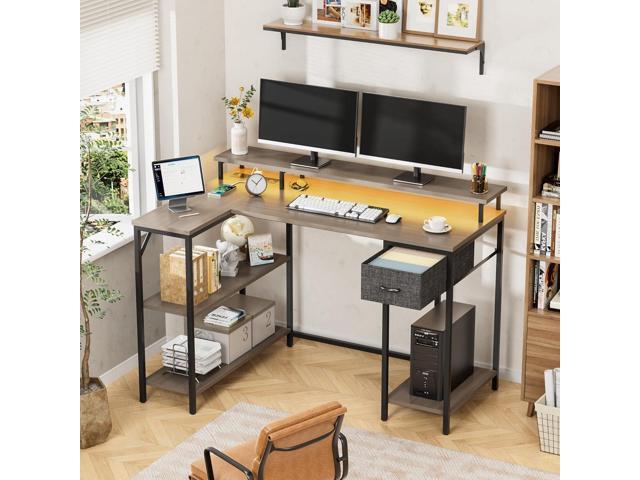 Homall L Shaped Gaming Desk with LED Lights & Power Outlets, Reversible Computer Desk with Shelves & Drawer, 47 Corner Desk Table with Monitor...