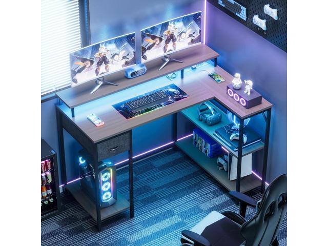 Homall L Shaped Gaming Desk with LED Lights & Power Outlets, Reversible Computer Desk with Shelves & Drawer, 47 Corner Desk Table with Monitor...