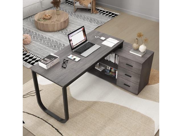 Homsee Home Office Computer Desk Corner Desk with 3 Drawers and 2 Shelves, 55 Inch Large L-Shaped Study Writing Table with Storage Cabinet - Dark...
