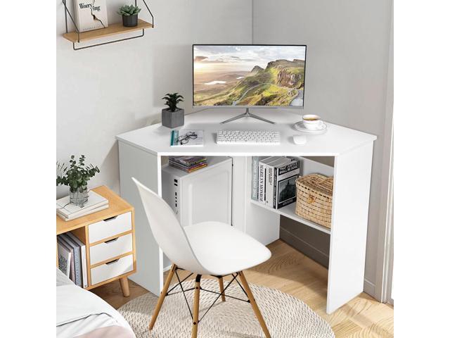 COSTWAY Corner Computer Desk, Space-Saving Triangular Writing Desk w/ 2 Storage Shelves & 2 Cable Holes, Multi-Functional Console Table for Small...