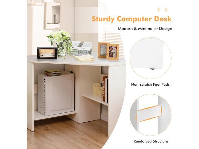 COSTWAY Corner Computer Desk, Space-Saving Triangular Writing Desk w/ 2 Storage Shelves & 2 Cable Holes, Multi-Functional Console Table for Small...