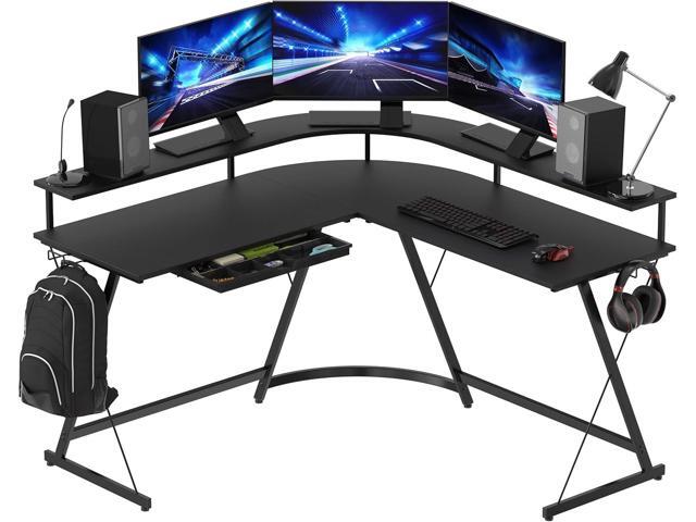 SHW L Shaped Gaming Desk with Full Around Monitor Stand and Drawer, Black