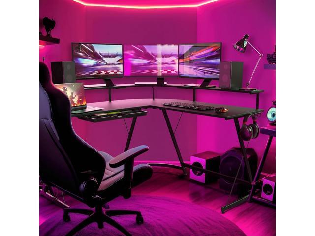 SHW L Shaped Gaming Desk with Full Around Monitor Stand and Drawer, Black