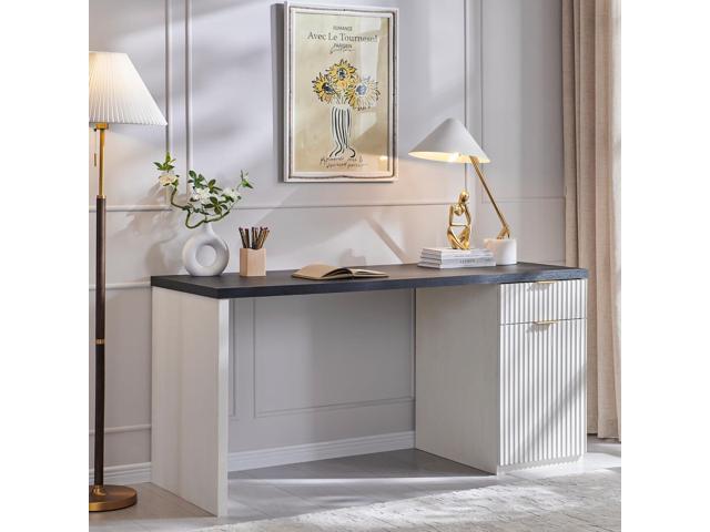 JXQTLINGMU 60' Modern Executive Desk with Storage, Wood Home Office Desk with Drawer & Cabinet, Fluted Computer Writing Desk for Study, Living...