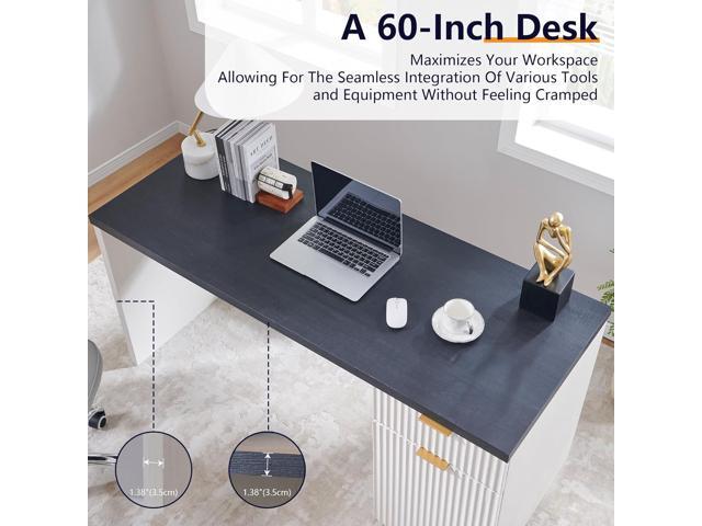 JXQTLINGMU 60' Modern Executive Desk with Storage, Wood Home Office Desk with Drawer & Cabinet, Fluted Computer Writing Desk for Study, Living...