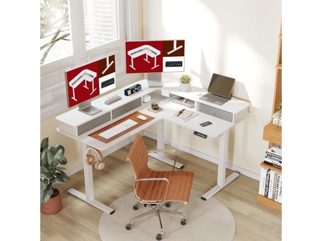 SANODESK 55' L Shaped Standing Desk with 3 Drawers, Height Adjustable Stand up Desk, Corner Gaming Desk with Monitor Stand, White Frame/White Top