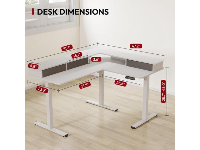 SANODESK 55' L Shaped Standing Desk with 3 Drawers, Height Adjustable Stand up Desk, Corner Gaming Desk with Monitor Stand, White Frame/White Top