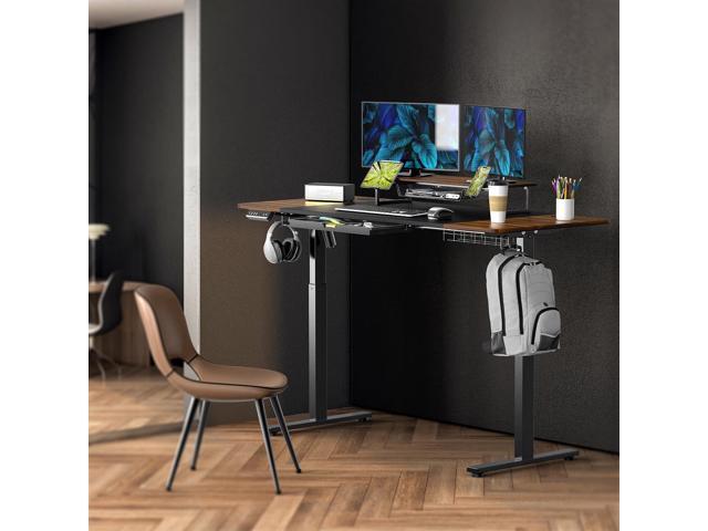 SHW 62-Inch Extra Large Electric Height Adjustable Standing Desk with Monitor Riser and Drawer, 62 x 28 Inches, Walnut