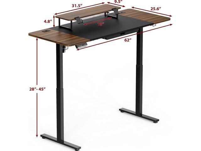 SHW 62-Inch Extra Large Electric Height Adjustable Standing Desk with Monitor Riser and Drawer, 62 x 28 Inches, Walnut