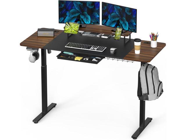 SHW 62-Inch Extra Large Electric Height Adjustable Standing Desk with Monitor Riser and Drawer, 62 x 28 Inches, Walnut