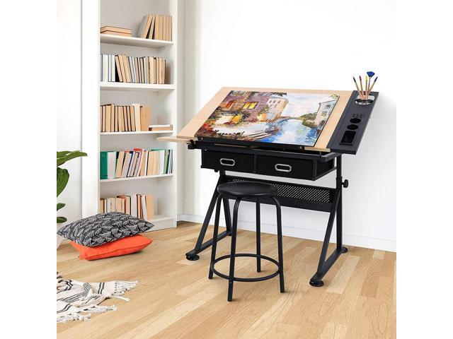 Drafting Table Drawing Desk Art & Craft Work Station Height Adjustable Tilting Tabletop Craft Table Desk w/Stool and 2 Storage Drawers for Home...