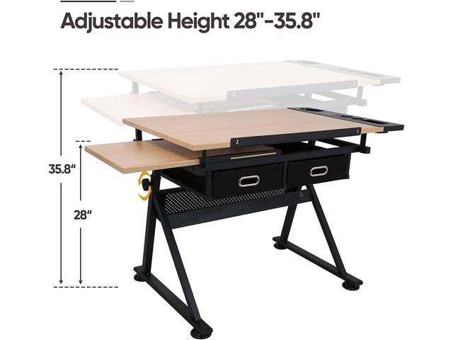 Drafting Table Drawing Desk Art & Craft Work Station Height Adjustable Tilting Tabletop Craft Table Desk w/Stool and 2 Storage Drawers for Home...