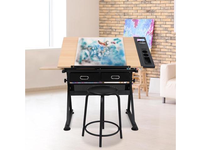Drafting Table Drawing Desk Art & Craft Work Station Height Adjustable Tilting Tabletop Craft Table Desk w/Stool and 2 Storage Drawers for Home...