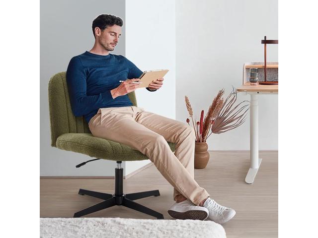 Criss Cross Chair, Velvet Cross Legged Office Chair no Wheels, Armless Wide Seat Desk Chair with Adjustable Height for Home, Vanity, Bedroom (Green)