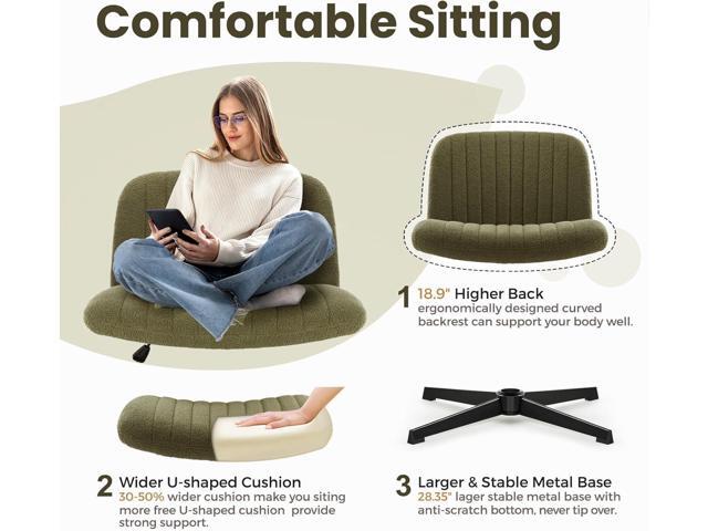Criss Cross Chair, Velvet Cross Legged Office Chair no Wheels, Armless Wide Seat Desk Chair with Adjustable Height for Home, Vanity, Bedroom (Green)