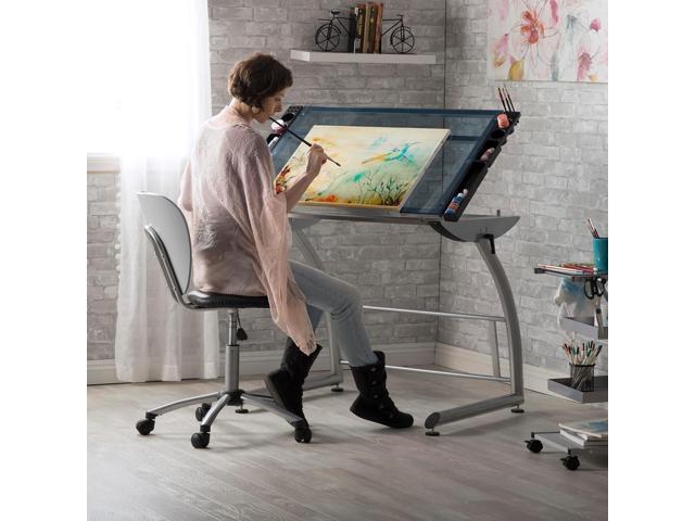 SD Studio Designs Triflex Drawing Table, Sit to Stand Up Adjustable Office Home Computer Desk, 35.25' W X 23.5' D, Silver/Blue Glass