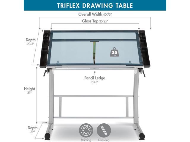 SD Studio Designs Triflex Drawing Table, Sit to Stand Up Adjustable Office Home Computer Desk, 35.25' W X 23.5' D, Silver/Blue Glass