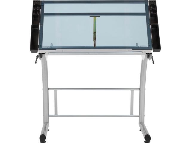 SD Studio Designs Triflex Drawing Table, Sit to Stand Up Adjustable Office Home Computer Desk, 35.25' W X 23.5' D, Silver/Blue Glass