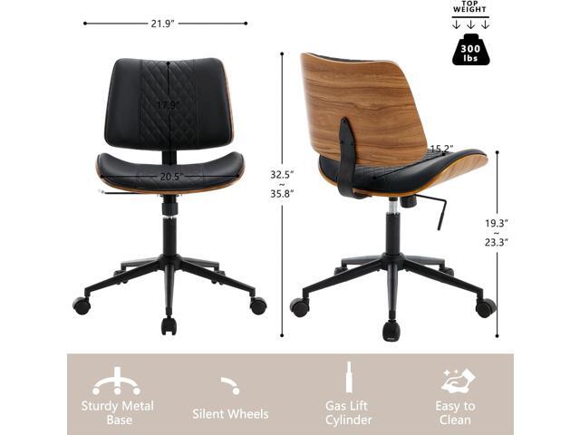 Home Office Chair No Arms with Wheels, Adjustable Height Small Desk Chair, PU Leather Mid Back 360 Swivel Computer Chair, Armless Modern Walnut...