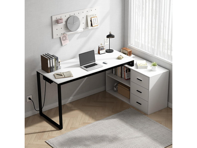 Home Office Computer Desk with Power Outlet,55 Inch Large L Shaped Desk with Drawers and Shelves,White Business Furniture Desk Workstation for Home...