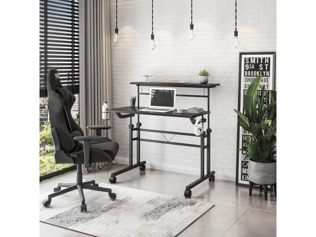 Techni Mobili Rolling Standing Desk, Two-Tier Height Adjustable Mobile Office or Gaming Desk with Wheels and Cup Holder, for Sitting or Standing...