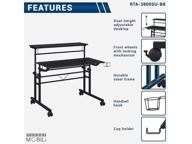 Techni Mobili Rolling Standing Desk, Two-Tier Height Adjustable Mobile Office or Gaming Desk with Wheels and Cup Holder, for Sitting or Standing...