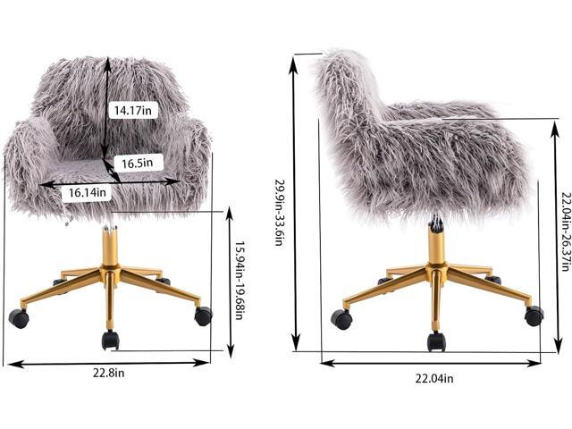 SSLine Faux Fur Vanity Chair Modern Grey Furry Makeup Desk Chairs for Girls Women Elegant Comfy Upholstered Arm Chair with Gold Base in Bedroom...