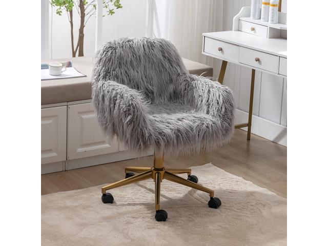 SSLine Faux Fur Vanity Chair Modern Grey Furry Makeup Desk Chairs for Girls Women Elegant Comfy Upholstered Arm Chair with Gold Base in Bedroom...