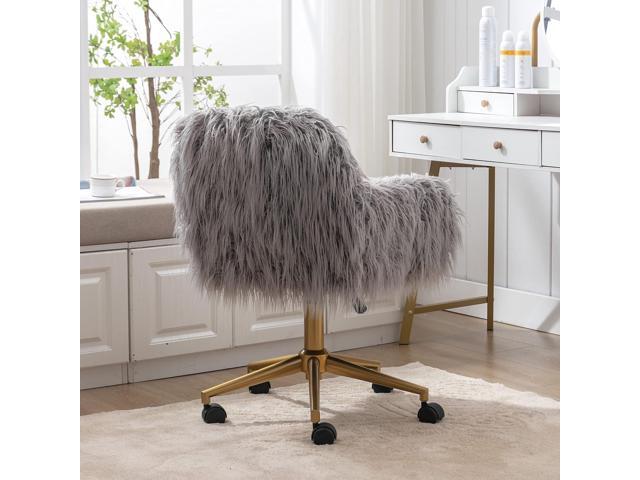 SSLine Faux Fur Vanity Chair Modern Grey Furry Makeup Desk Chairs for Girls Women Elegant Comfy Upholstered Arm Chair with Gold Base in Bedroom...