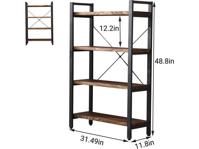 Solid Wood Bookshelf,4 Tier Rustic Vintage Industrial Etagere Bookcase, Open Metal and Wood Vintage Book Shelf, Retro Brown (Real Wood)(4-Tier)