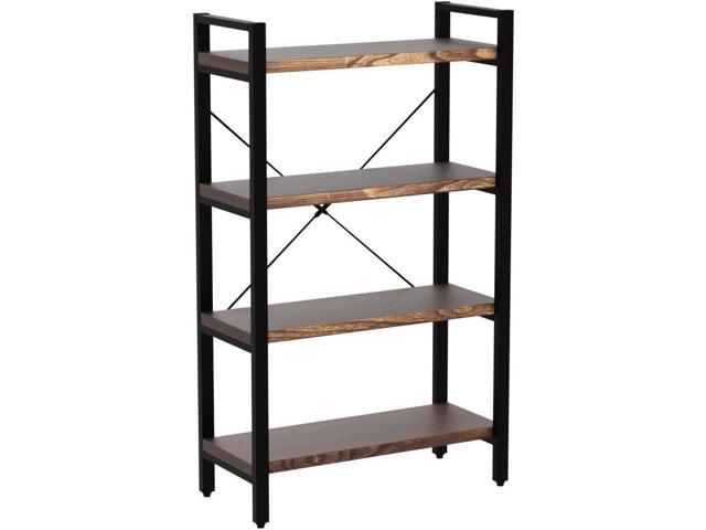 Solid Wood Bookshelf,4 Tier Rustic Vintage Industrial Etagere Bookcase, Open Metal and Wood Vintage Book Shelf, Retro Brown (Real Wood)(4-Tier)