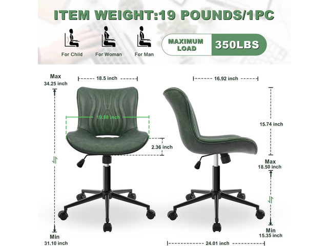 Office Chair, Armless Desk Chair with Wheels, Ergonomic Comfy Home Office Computer Task Chairs,Faux Leather Padded Cute Vanity Chair, Adjustable...