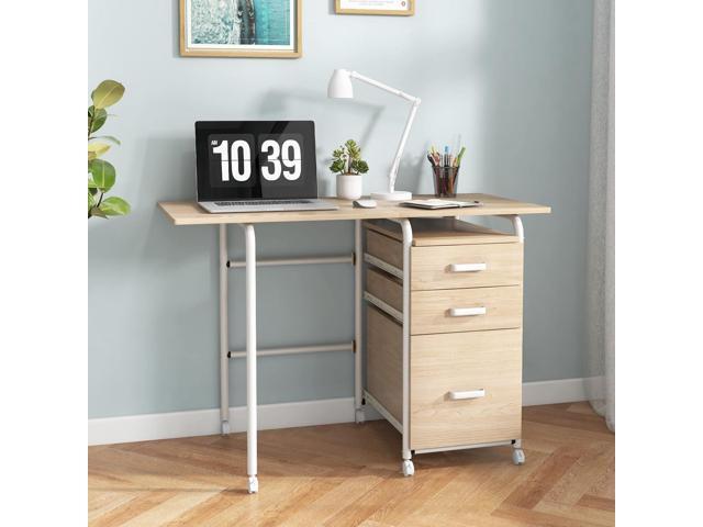 Giantex Folding Desk for Small Space, Rolling Home Office Desk with 3 Drawers & Lockable Universal Wheels, Mobile Study Writing Desk for Dorm...