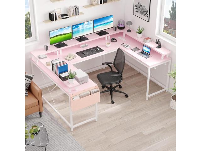 Jojoka U Shaped Computer Gaming Desk, Reversible L Shaped Desk with Power Outlets, LED Strip & Monitor Stand, Large Corner Desk with Storage...