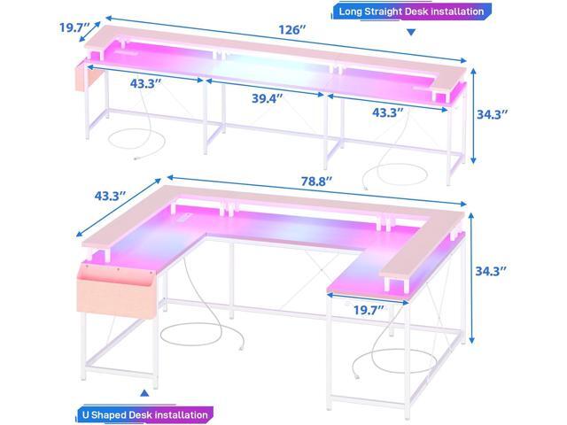 Jojoka U Shaped Computer Gaming Desk, Reversible L Shaped Desk with Power Outlets, LED Strip & Monitor Stand, Large Corner Desk with Storage...