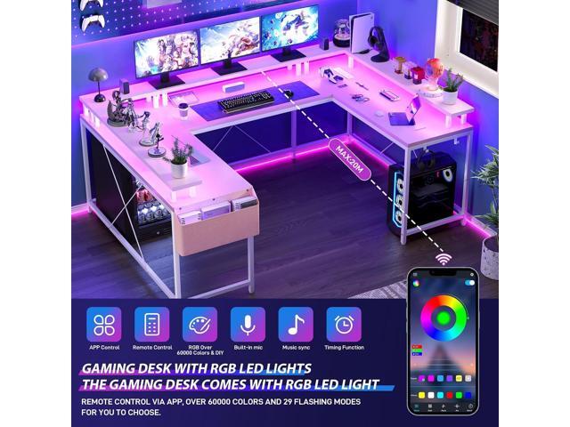 Jojoka U Shaped Computer Gaming Desk, Reversible L Shaped Desk with Power Outlets, LED Strip & Monitor Stand, Large Corner Desk with Storage...