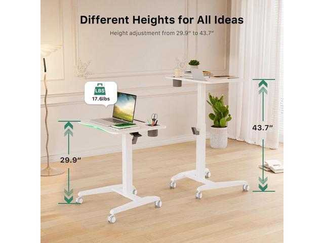Mobile Standing Desk, Height Adjustable Rolling Laptop Desk, 27 inches Portable Sit Stand Desk with Wheels and Hook, Pneumatic Computer Table, White