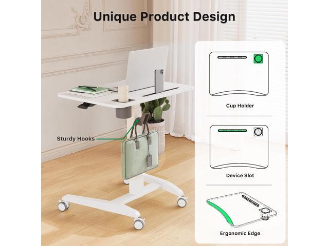 Mobile Standing Desk, Height Adjustable Rolling Laptop Desk, 27 inches Portable Sit Stand Desk with Wheels and Hook, Pneumatic Computer Table, White